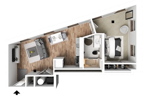 Floor plan for 1 bed, 1 bath, 557 sqft